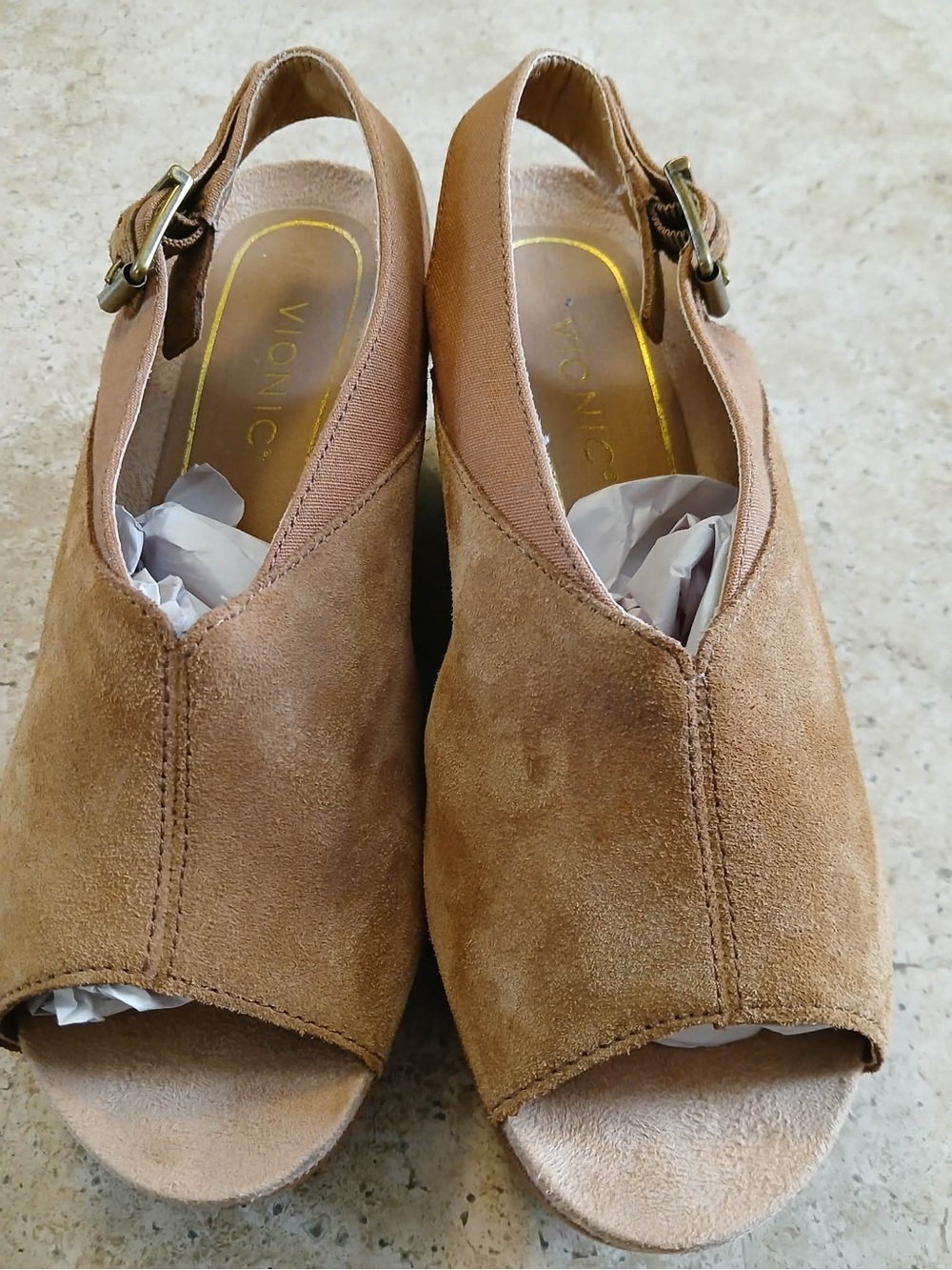 Vionic Tan Suede Peep-Toe Slingback Wedges